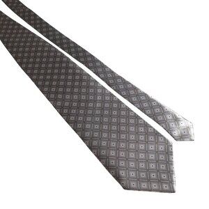 Bordeaux Men Silk Necktie Silver Gray Geometric Pattern Vintage Designer Office